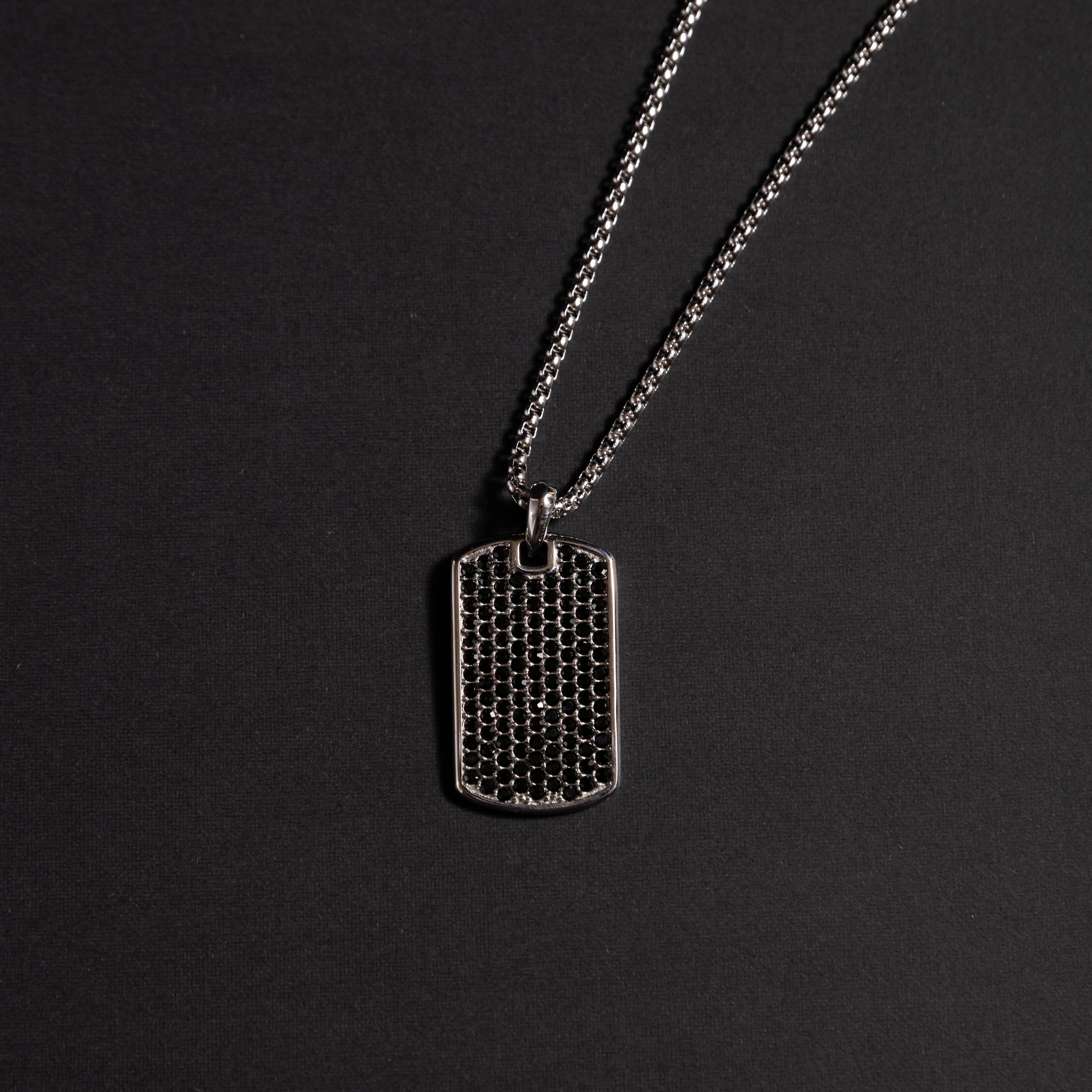 Black tag necklace with personalized engraving and luxury black diamond